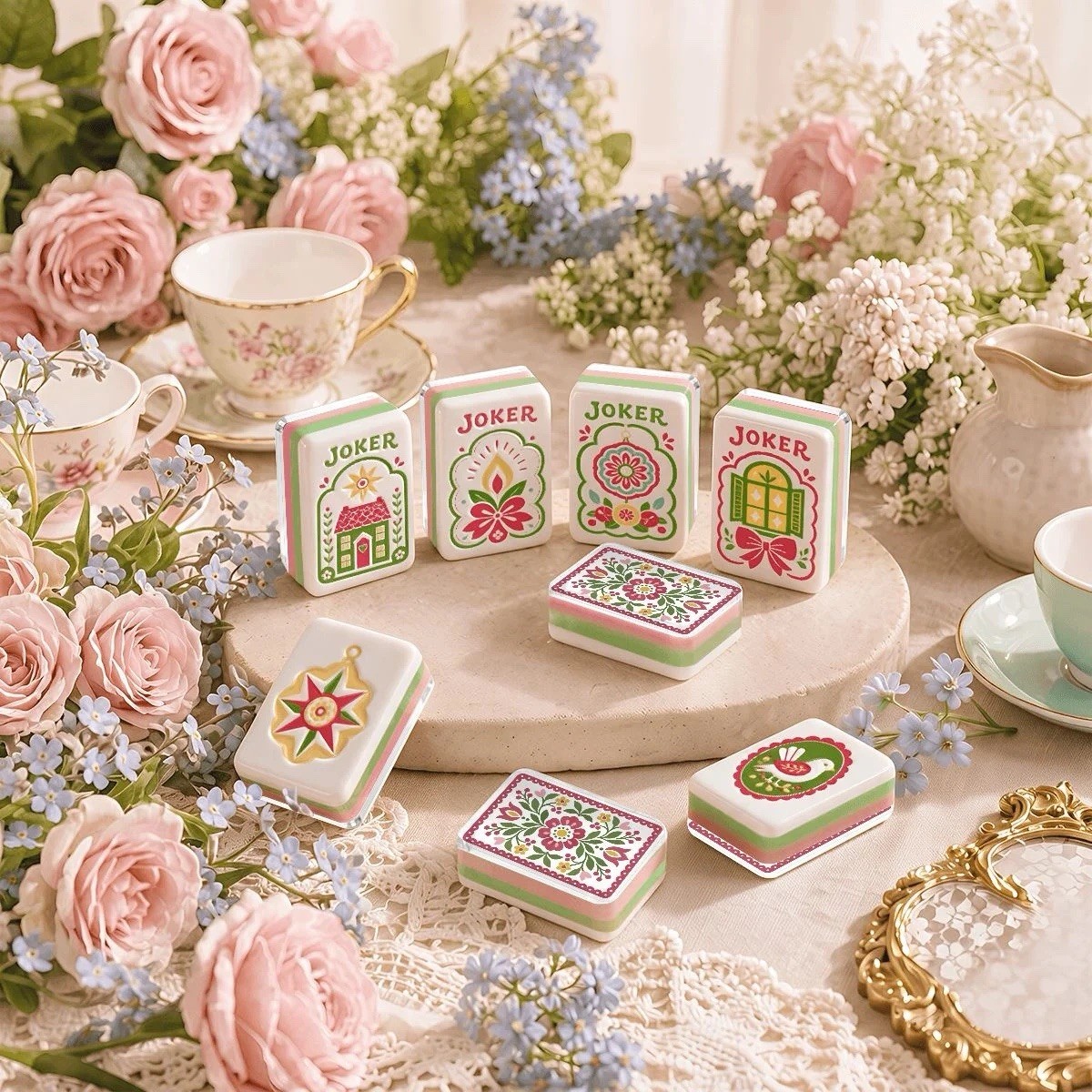 Scandi Folk Art Christmas 160 American Mahjong Tiles Pink Green Floral Cottage
