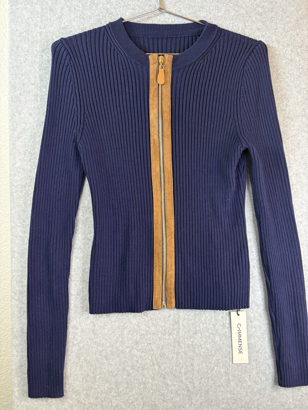 Commense Zip-FrontSuede Panel Ribbed KnitTop Size M Navy Commense Zip-FrontSuede Panel Ribbed KnitTop Size M Navy