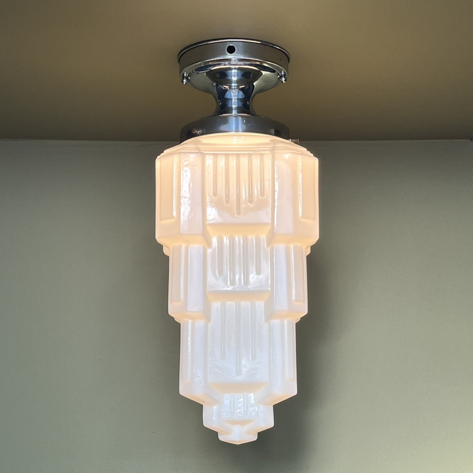 Vintage Antique LARGE 1930’s Art Deco Chrome Skyscraper Flush Mount - Restored