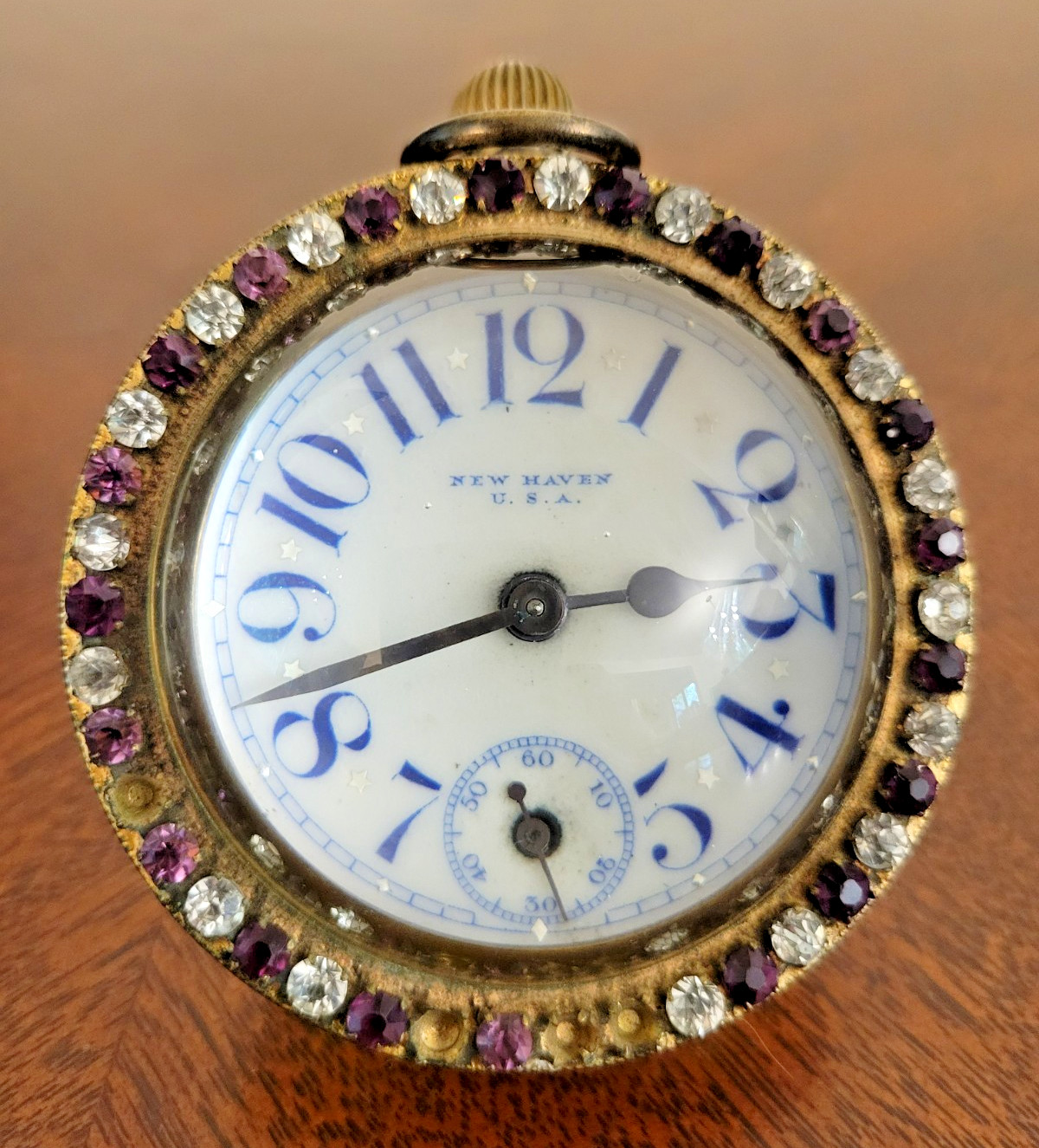 Rare 1900 New Haven Enamel+Brass w/ Paste Gems Glass Ball Clock Paperweight READ Rare 1900 New Haven Enamel+Brass w/ Paste Gems Glass Ball Clock Paperweight READ