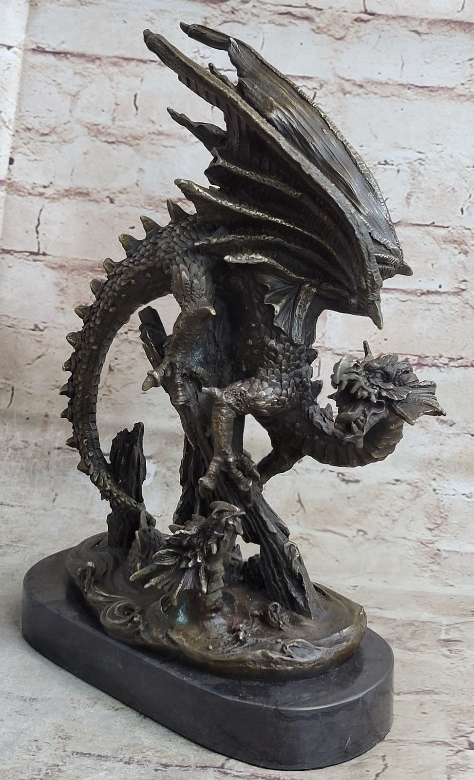 Original Art Deco Signed Fisher Mythical Myth Winged Dragon Bronze Sculpture Art