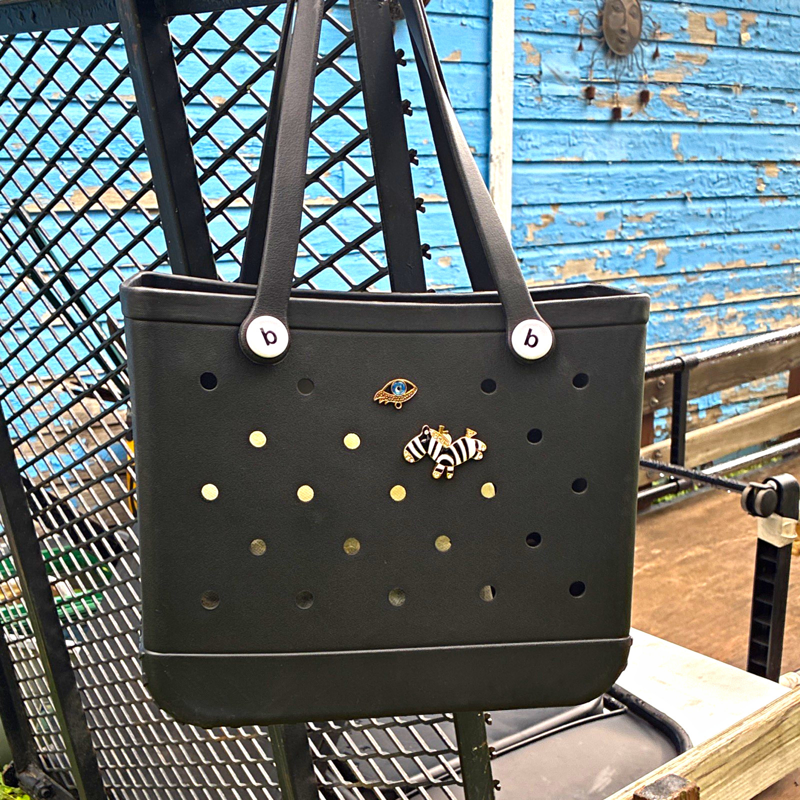 Bogg Black Tote Bag Double Handles Perforated Design Studded Button Accents