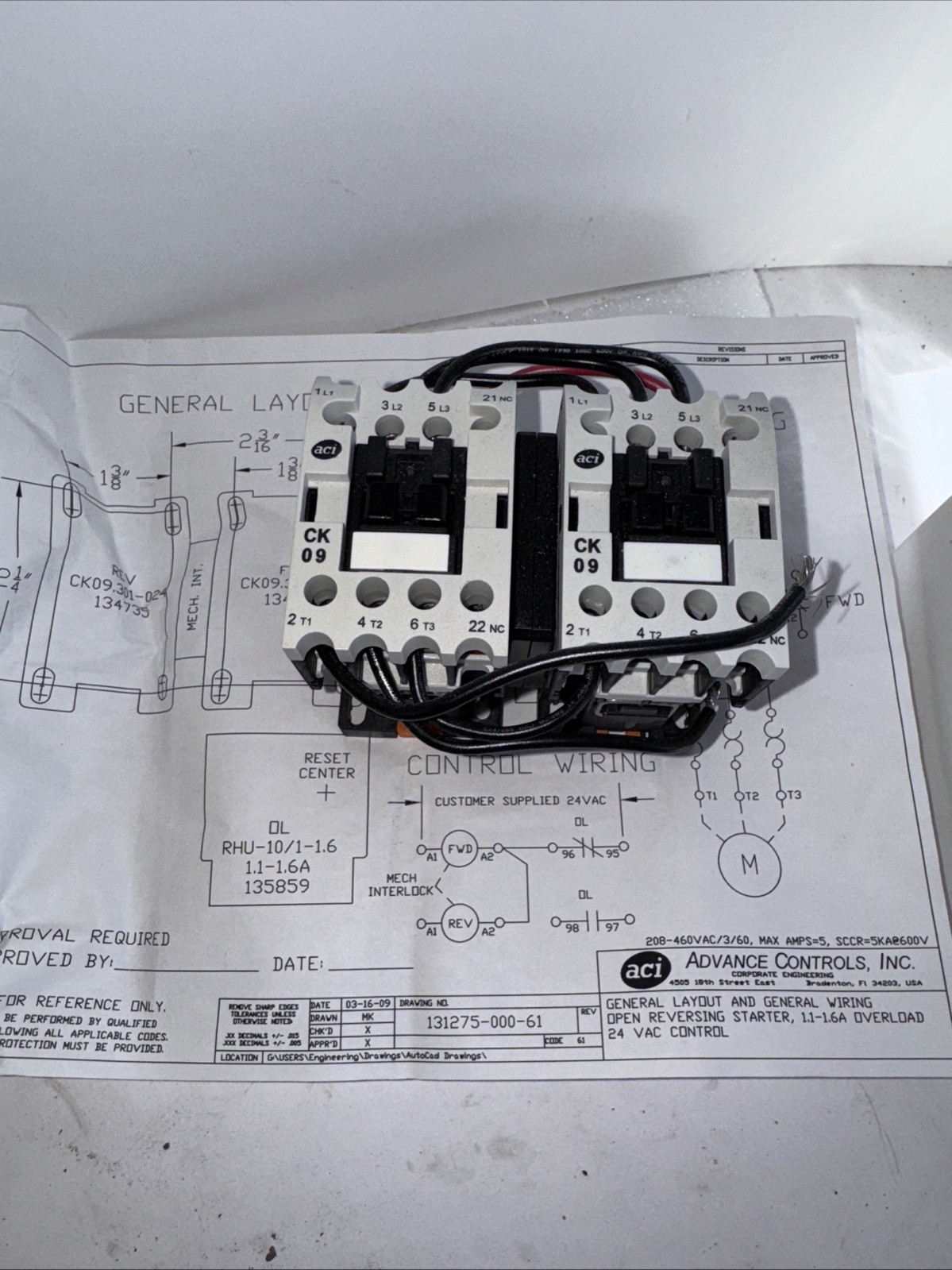 Reversing contactor For Electric Motors 208-460VAC3/60 5Amp Max w/Schematic Reversing contactor For Electric Motors 208-460VAC3/60 5Amp Max w/Schematic