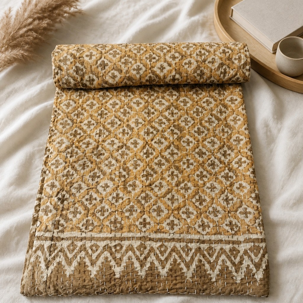 Vintage Bedspread Block Print Quilt King Size Handmade Cotton Bedding 90x108 Vintage Bedspread Block Print Quilt King Size Handmade Cotton Bedding 90x108