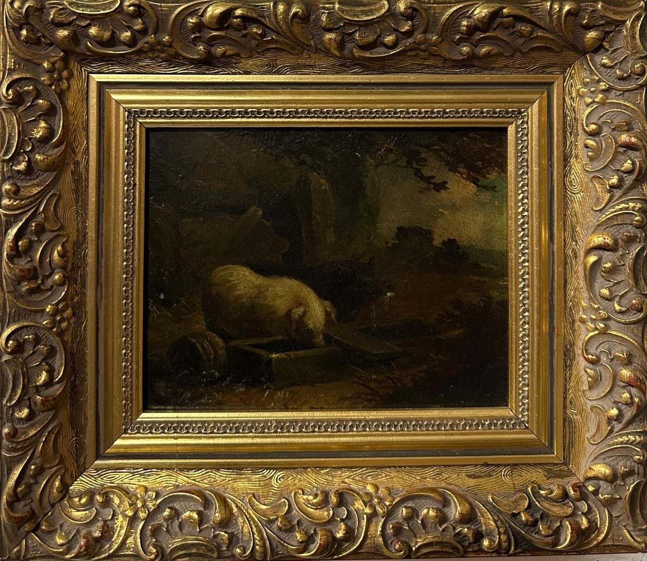 English School Early 19thC Oil Painting Pig at Feeding Trough Framed