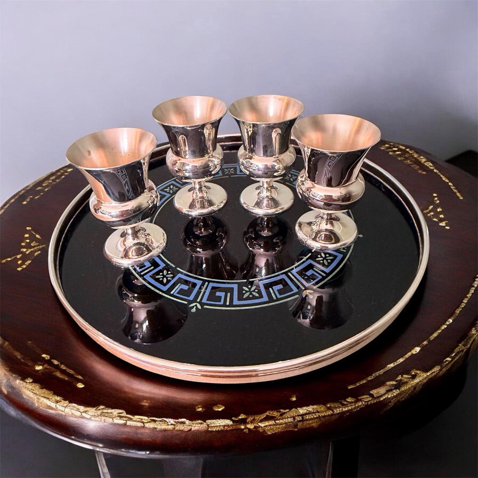 VTG Bar  Gorham Sterling Silver .925 5 Pc Cordial Goblet Set Tray Greek Key MCM 