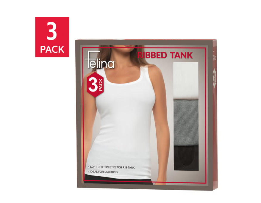Felina Women\'s Ribbed Tank, 3-pack,(1) White, (1) Gray, (1) Black S, M, L ,XL Felina Women\'s Ribbed Tank, 3-pack,(1) White, (1) Gray, (1) Black S, M, L ,XL