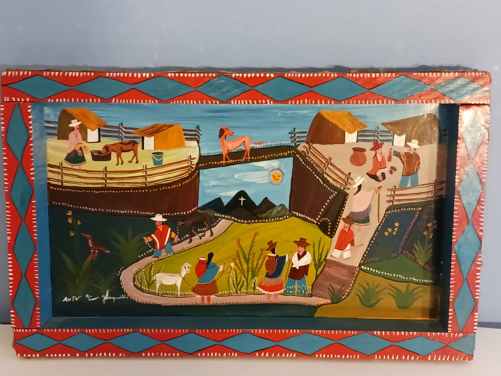 Vintage painting Peru Folk Art, signed llamas, gardens, people-Happy Vintage painting Peru Folk Art, signed llamas, gardens, people-Happy