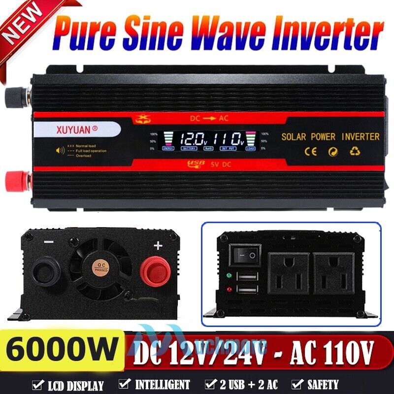 Car Power Inverter 6000 Watts DC 12V to AC 110V Pure Sine Wave Solar Converter