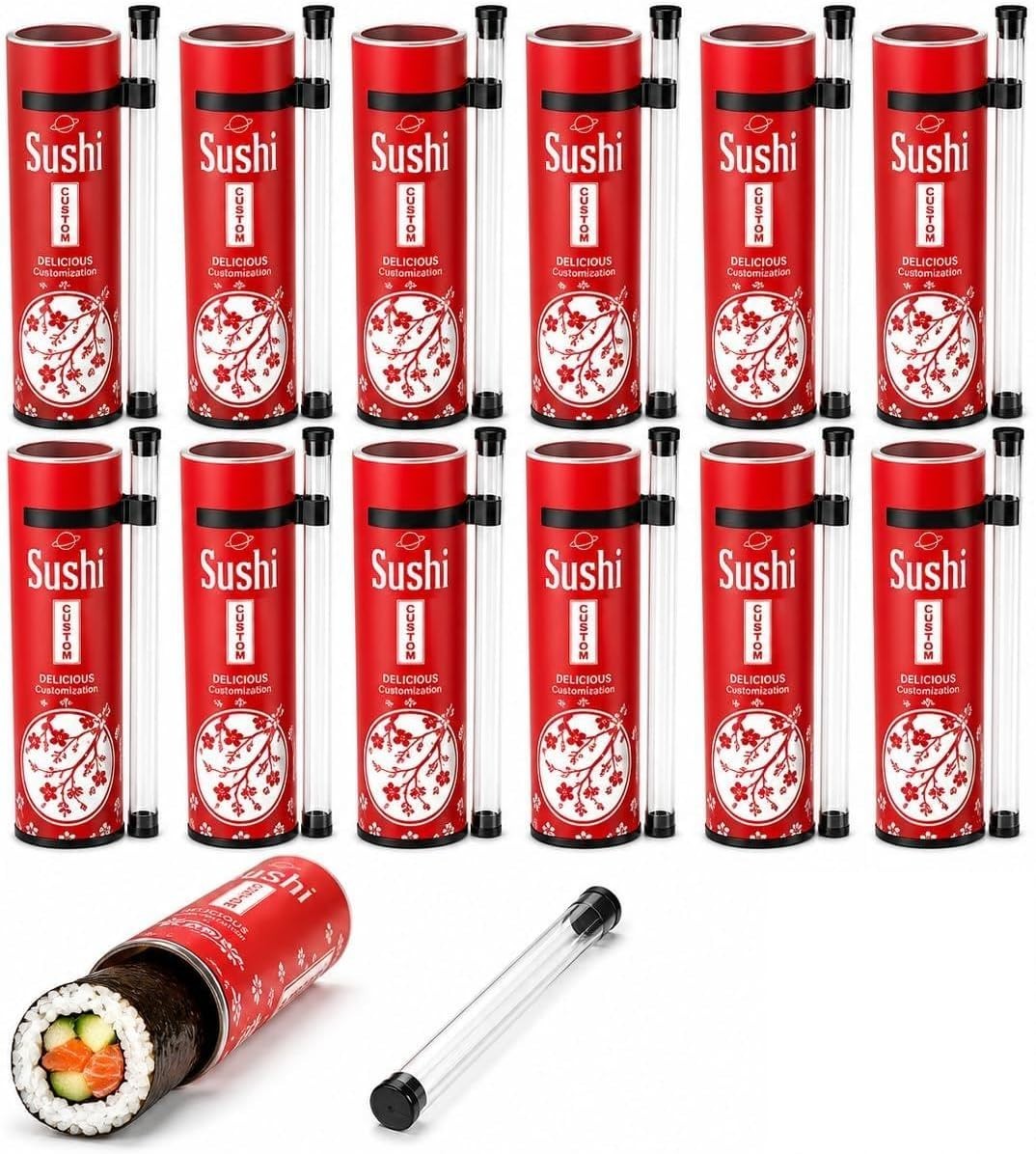 12 Pack Sushi Push Up Tubes Reusable Portable Sushi Maker Containers with Plunge