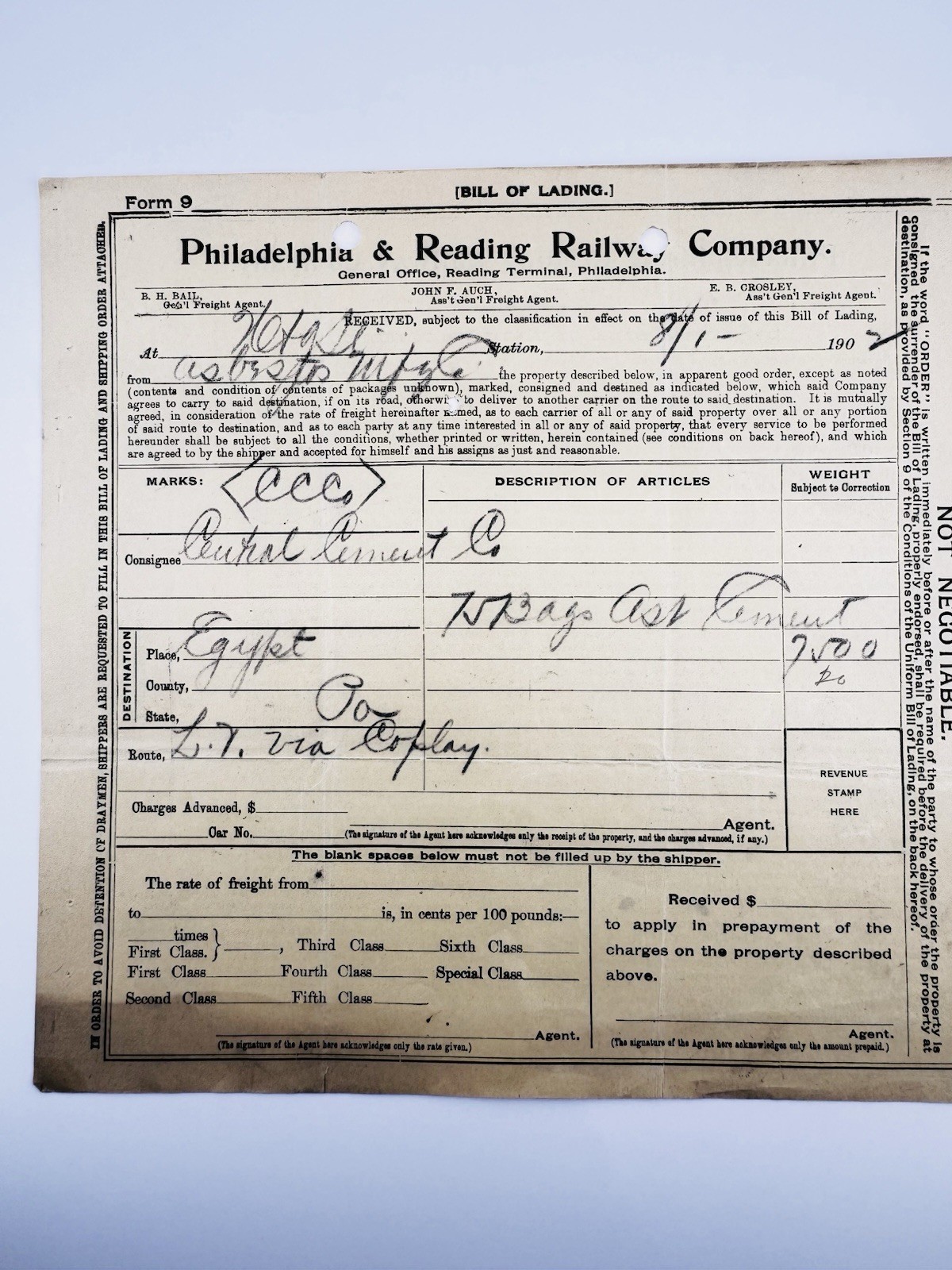 Vintage 1900 Philadelphia & Reading Railway Bill of Lading Egypt PA Cement Co