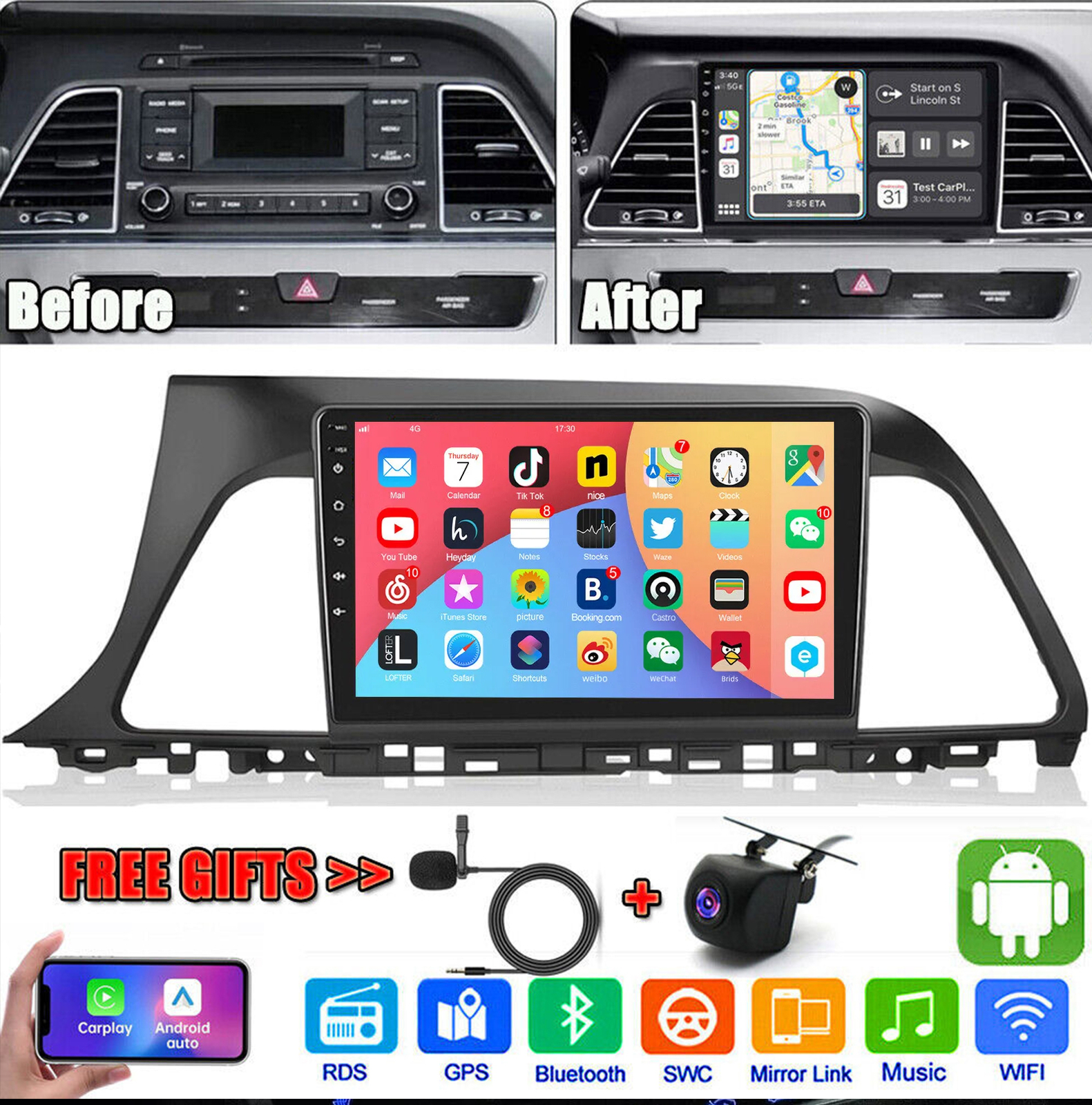 For 2015 2016 2017 HYUNDAI SONATA Apple Carplay Android 15 Car Radio Stereo GPS