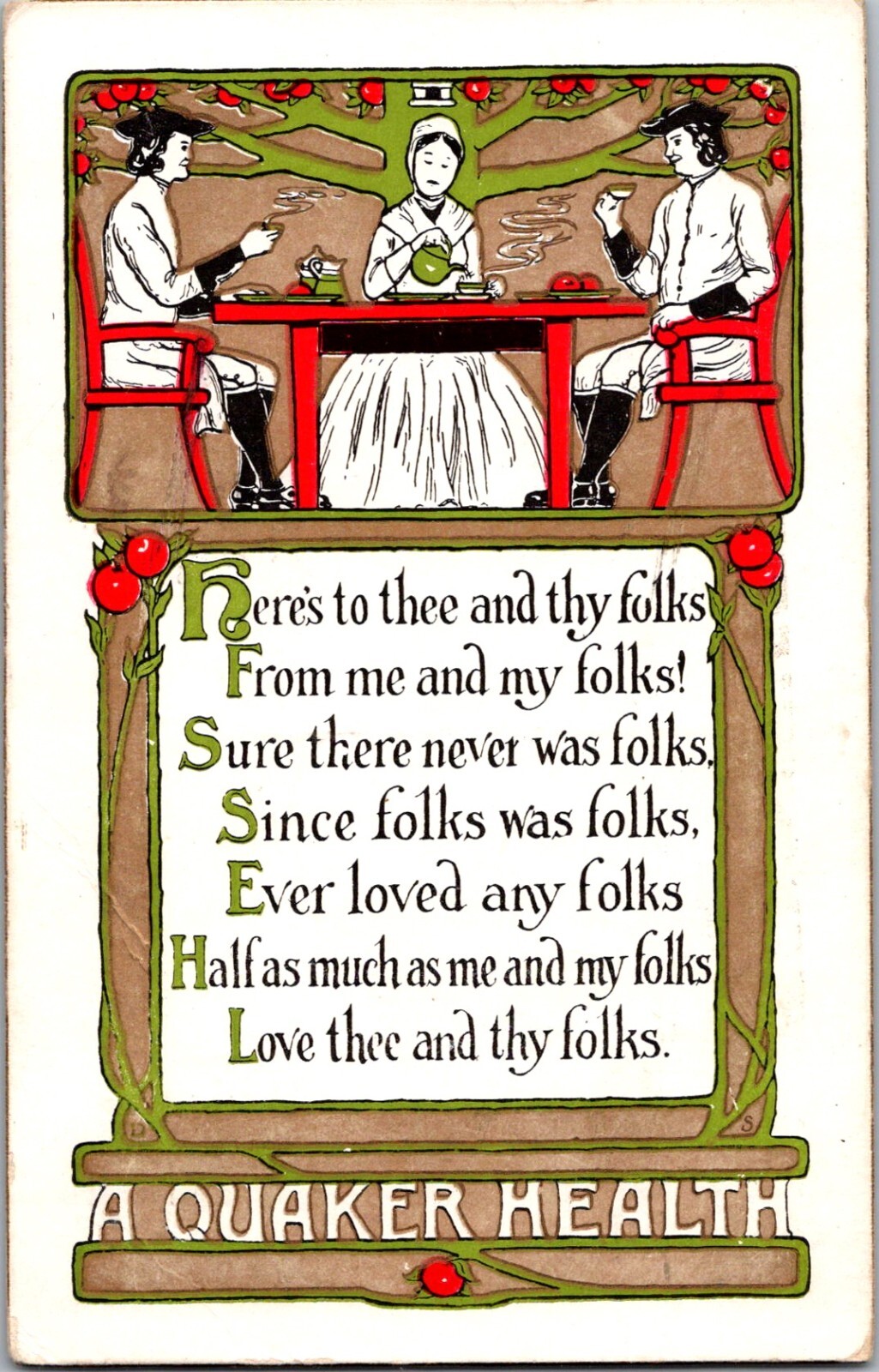 A Quaker Health Poem Arts & Crafts Style by MT Sheahan Hand-painted 1912 Gilded