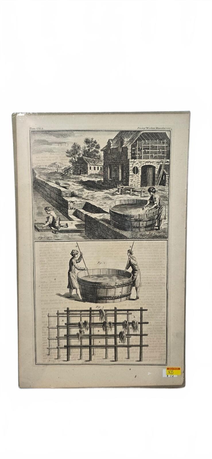 1766 Antique Print Woolen Manufactory Drying Cleaning Wool