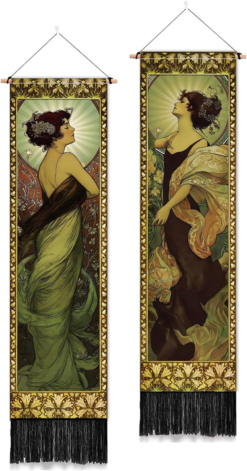2 Pack Mucha Figures Wall Tapestry Vintage Vertical Wall Hanging with Tassels De