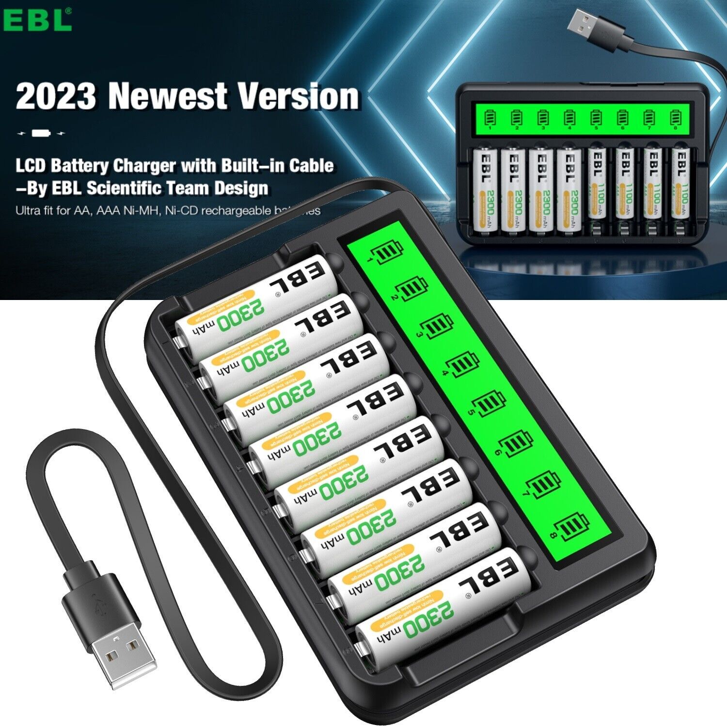 EBL 8x Rechargeable AA Ni-MH Double A Batteries + 8-Bay LCD Charger w/ Cable