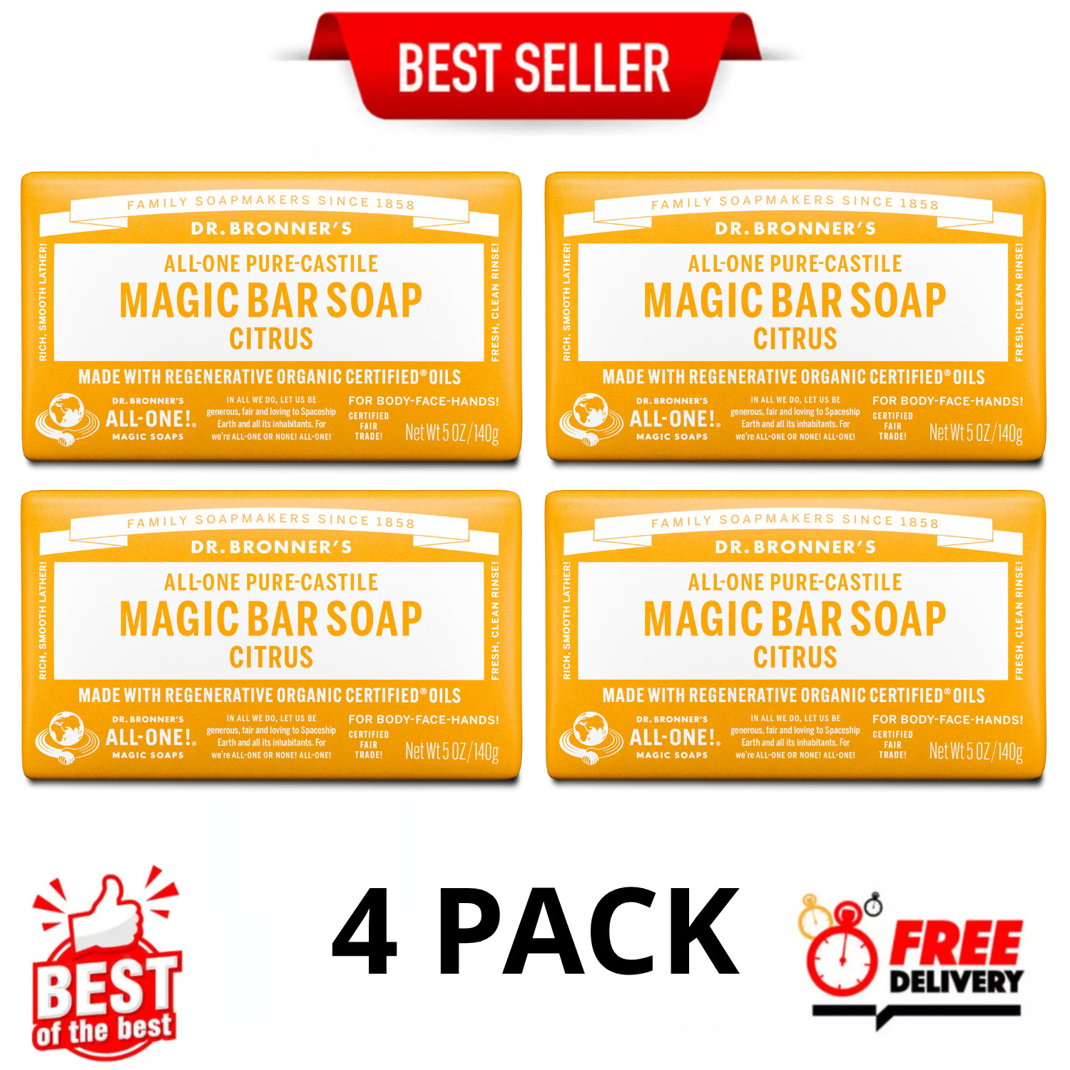 Dr.Bronner's Magic Bar Soap, Citrus, Pure-Castile Soap, 5 oz, 4 Pack Dr.Bronner's Magic Bar Soap, Citrus, Pure-Castile Soap, 5 oz, 4 Pack