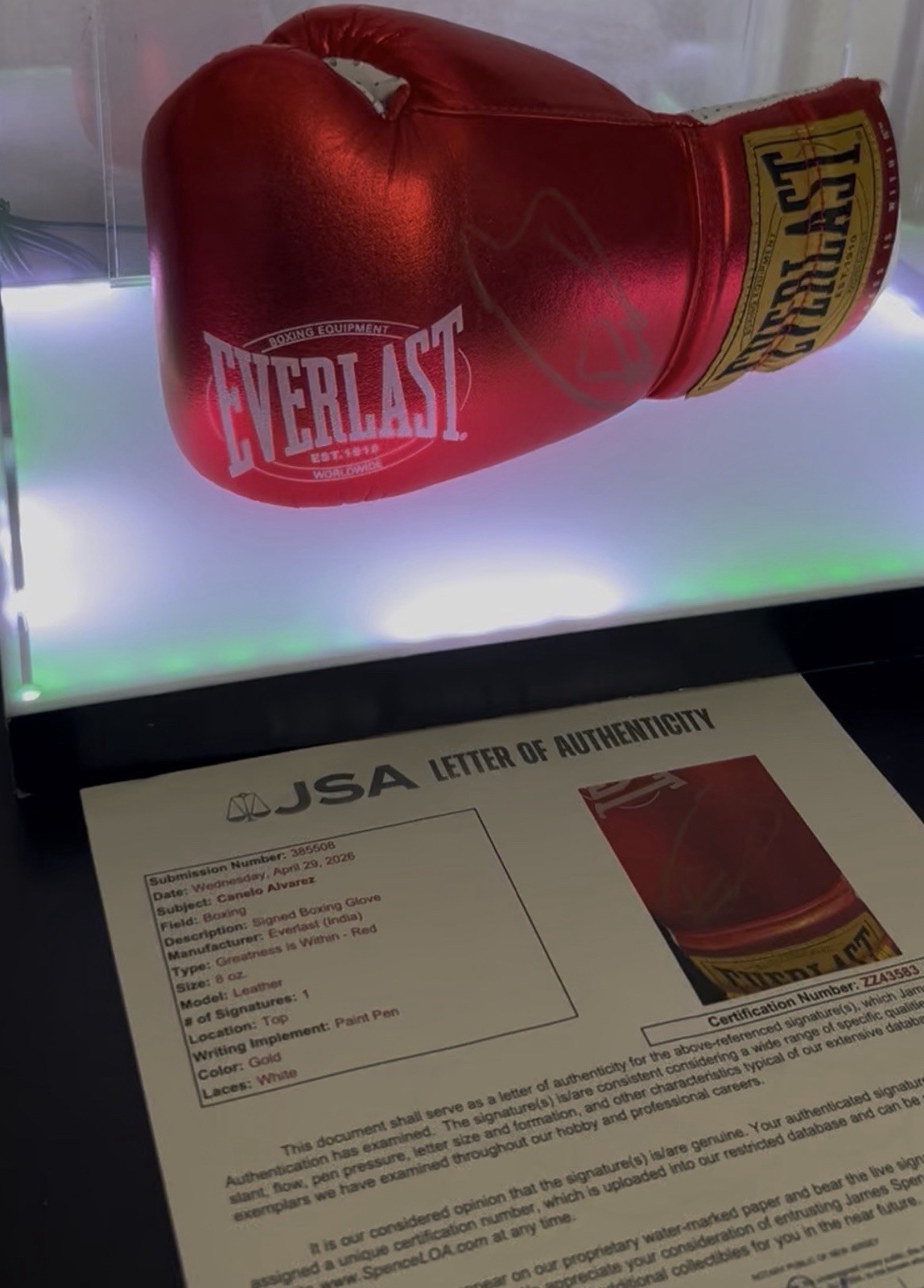 Framed Canelo Alvarez Signed Boxing Glove JSA certified (8x10 picture included) Framed Canelo Alvarez Signed Boxing Glove JSA certified (8x10 picture included)