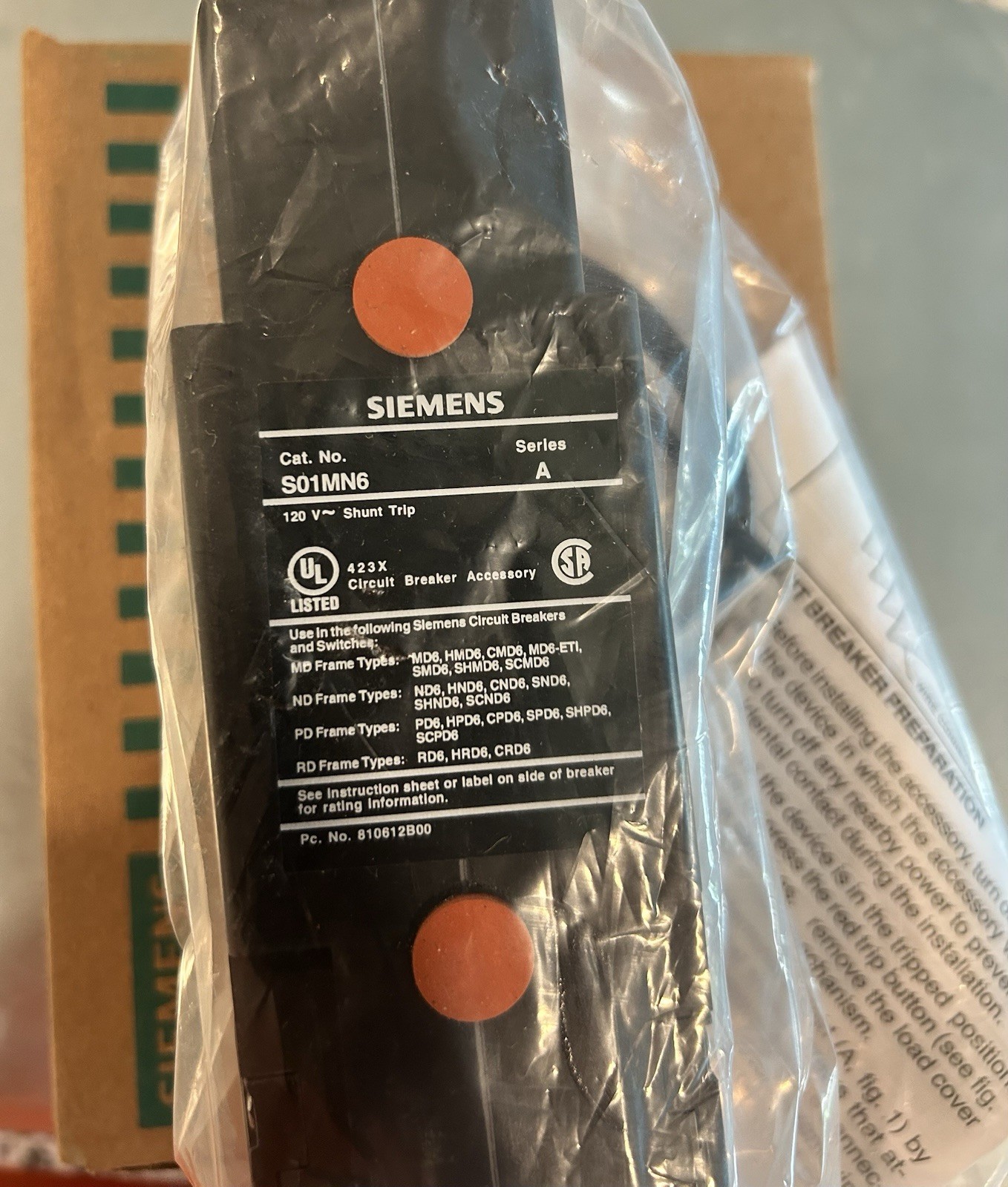 Siemens S01MN6 120V Shunt Trip Circuit Breaker Siemens S01MN6 120V Shunt Trip Circuit Breaker