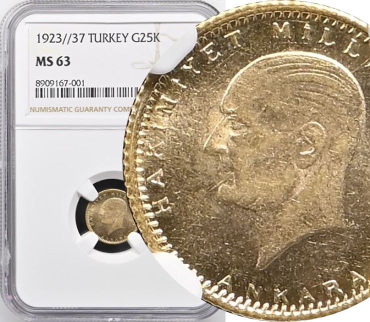 NGC MS-63 TURKEY GOLD 25 KURUSH 1923 37 (AGW: 0.0532) MINTAGE: 31,000