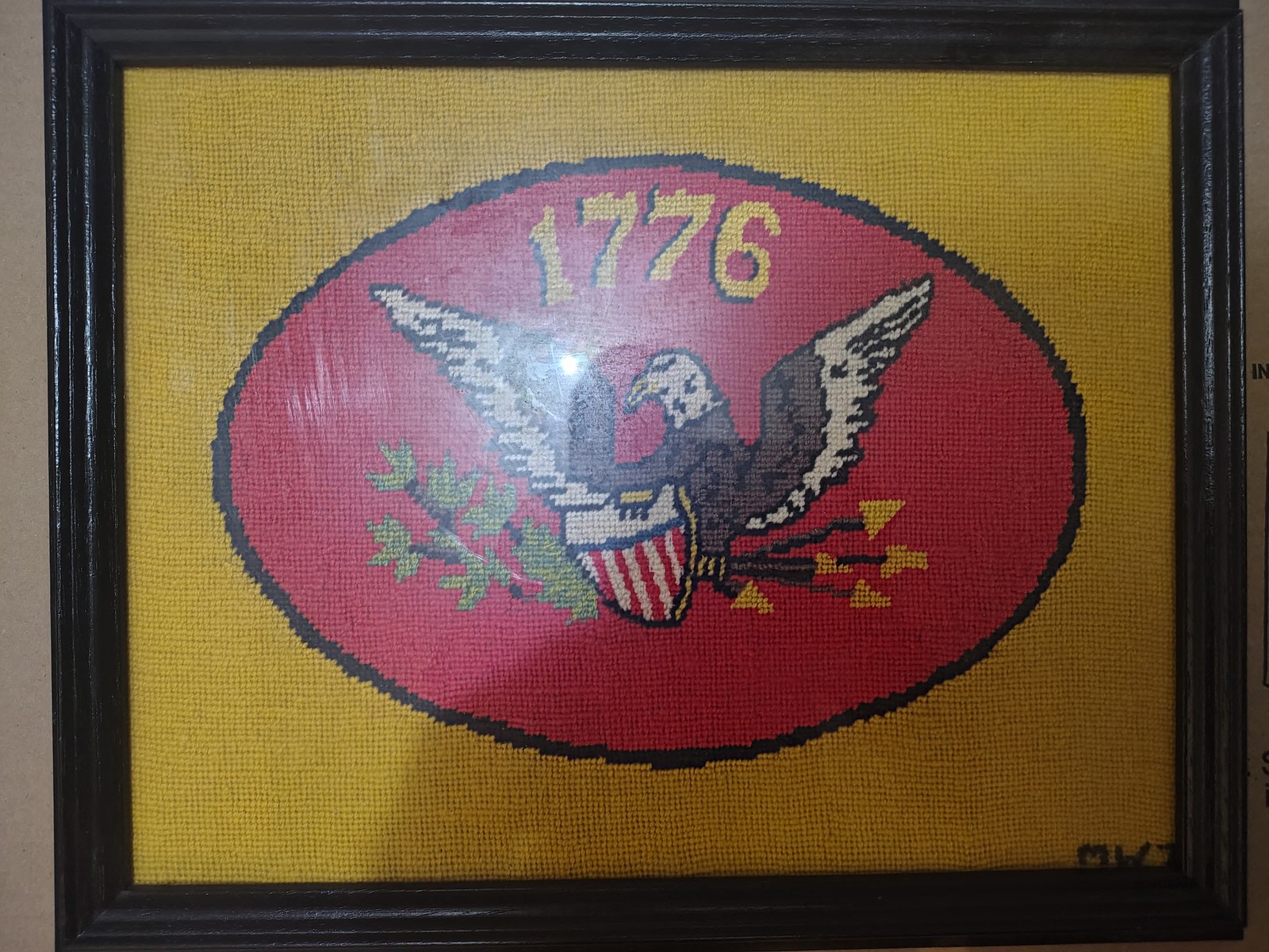 1960s Handmade 1776 American Eagle Needlepoint Professionally Framed Patriotic