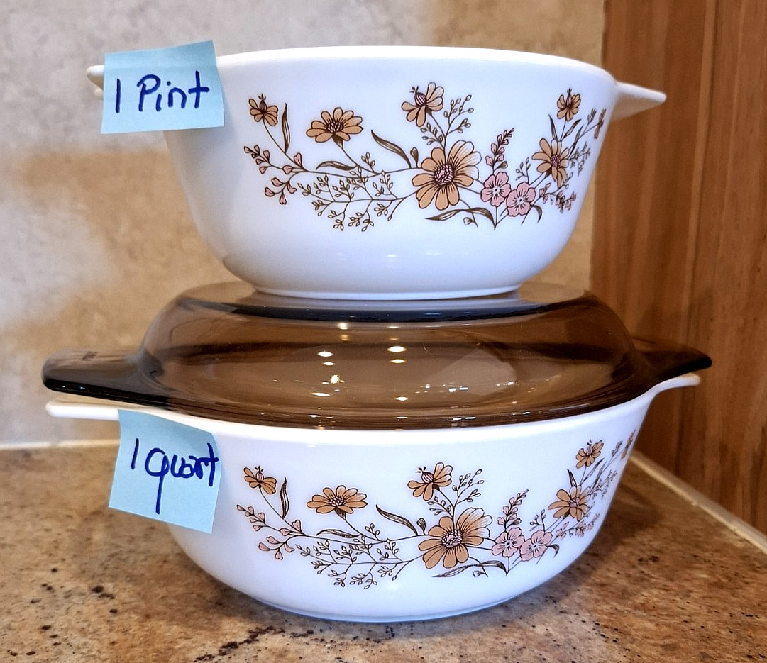 VTG JAJ Pyrex ENG Country Autumn Floral Casserole Dish Set 1 Pt 1 Qt Amber Lid