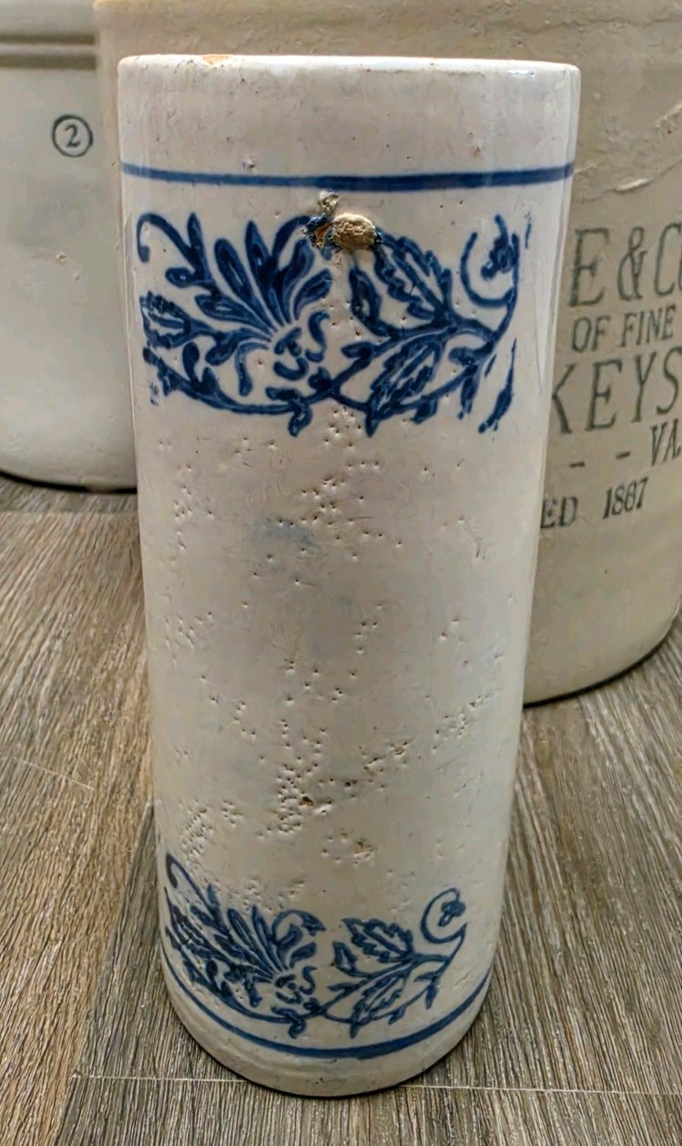 Beautiful Antique Brush McCoy Blue Stencil Stoneware Crock Rolling Pin Barrel Beautiful Antique Brush McCoy Blue Stencil Stoneware Crock Rolling Pin Barrel
