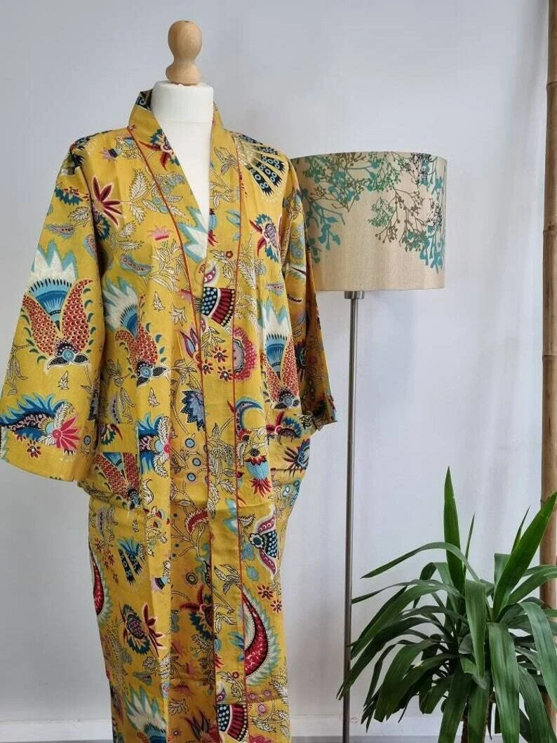 Indian Vintage 100% Cotton Long Beach Maxi Kaftan Dress One Size Caftan Kimono