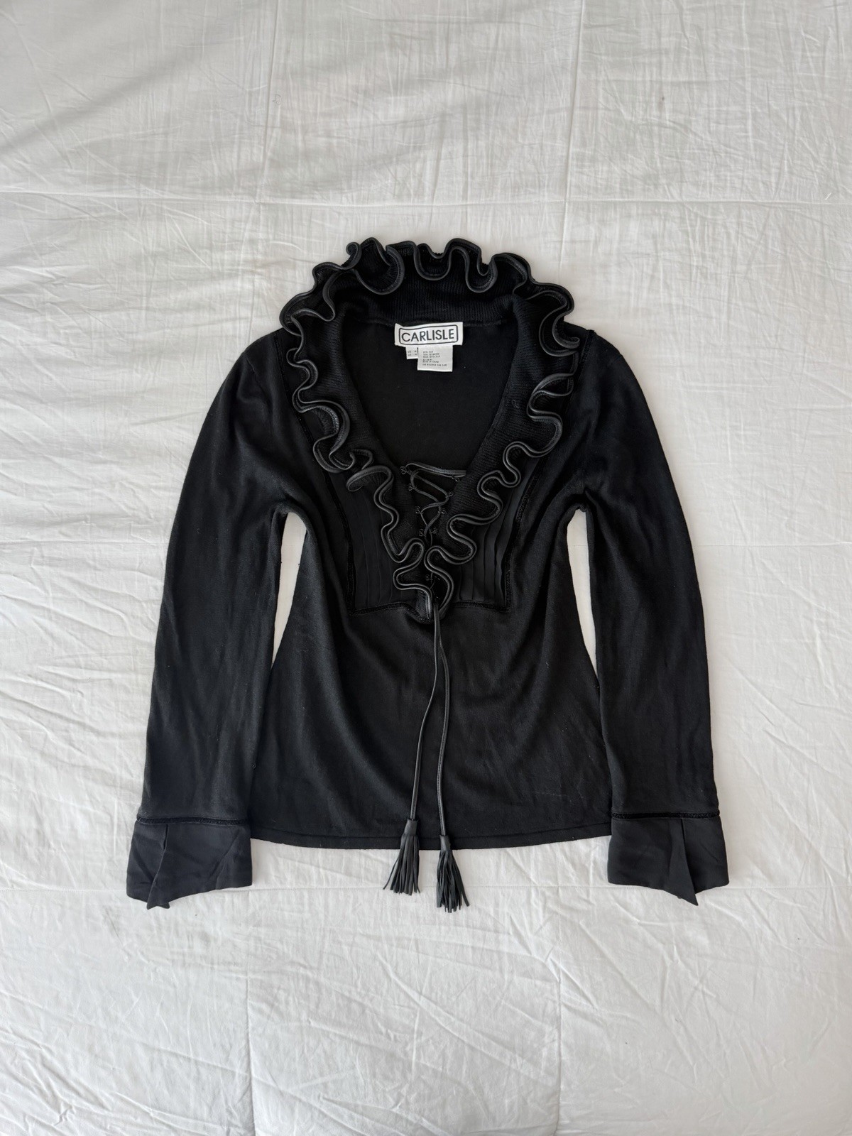 Vintage 90s Carlisle Cashmere Silk Black Longsleeve Ruffle Neckline Top (Size M) Vintage 90s Carlisle Cashmere Silk Black Longsleeve Ruffle Neckline Top (Size M)