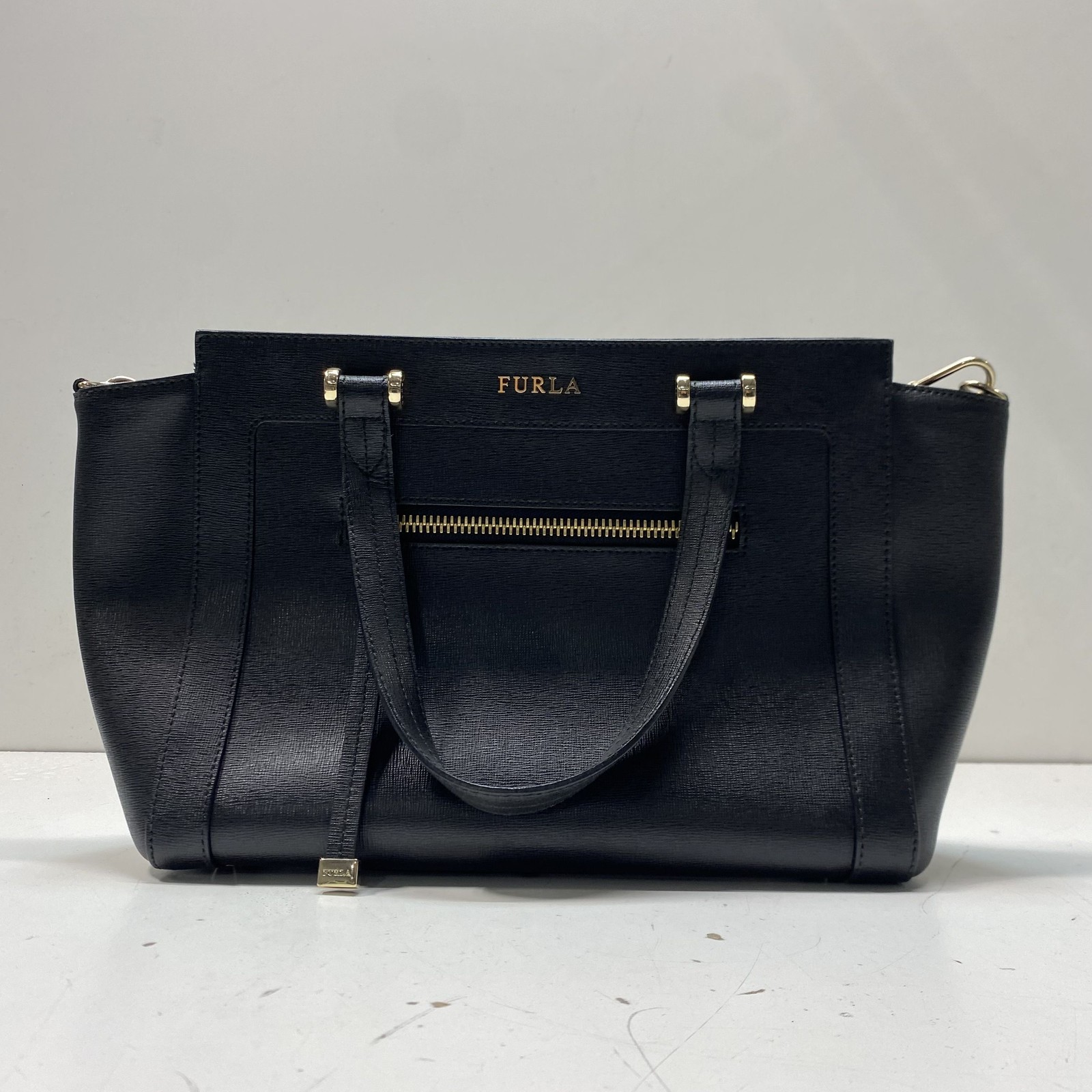 Furla Black Saffiano Leather Medium Tote Satchel Bag Gold Hardware