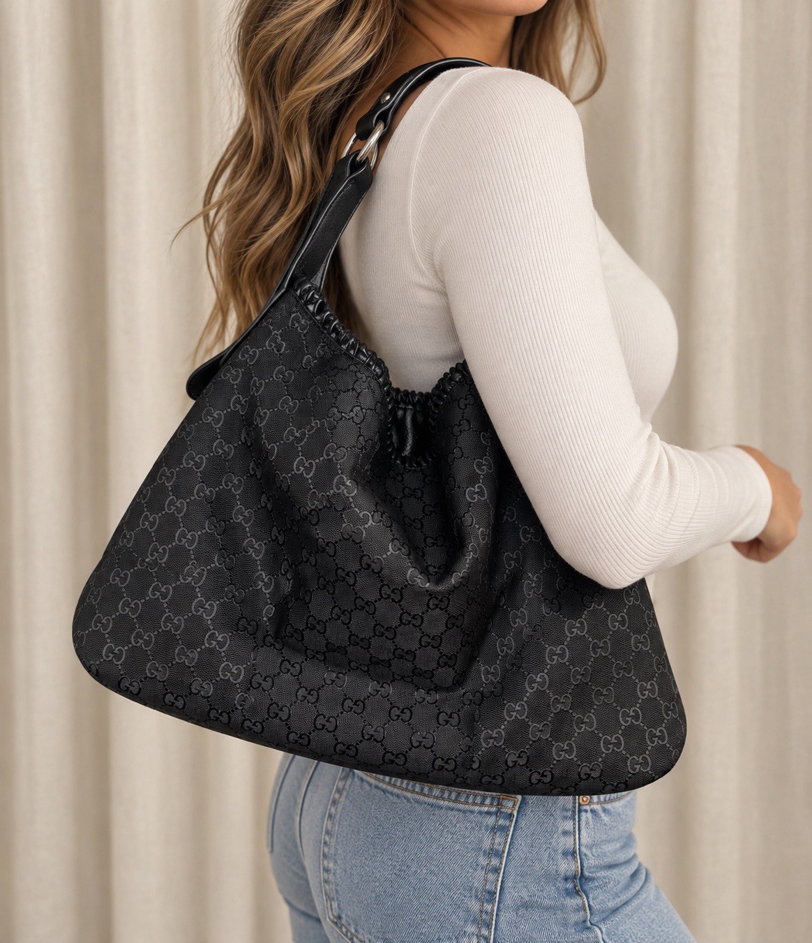 Gucci Pelham Large Tote Bag Black GG Monogram Canvas Leather Studded Gucci Pelham Large Tote Bag Black GG Monogram Canvas Leather Studded