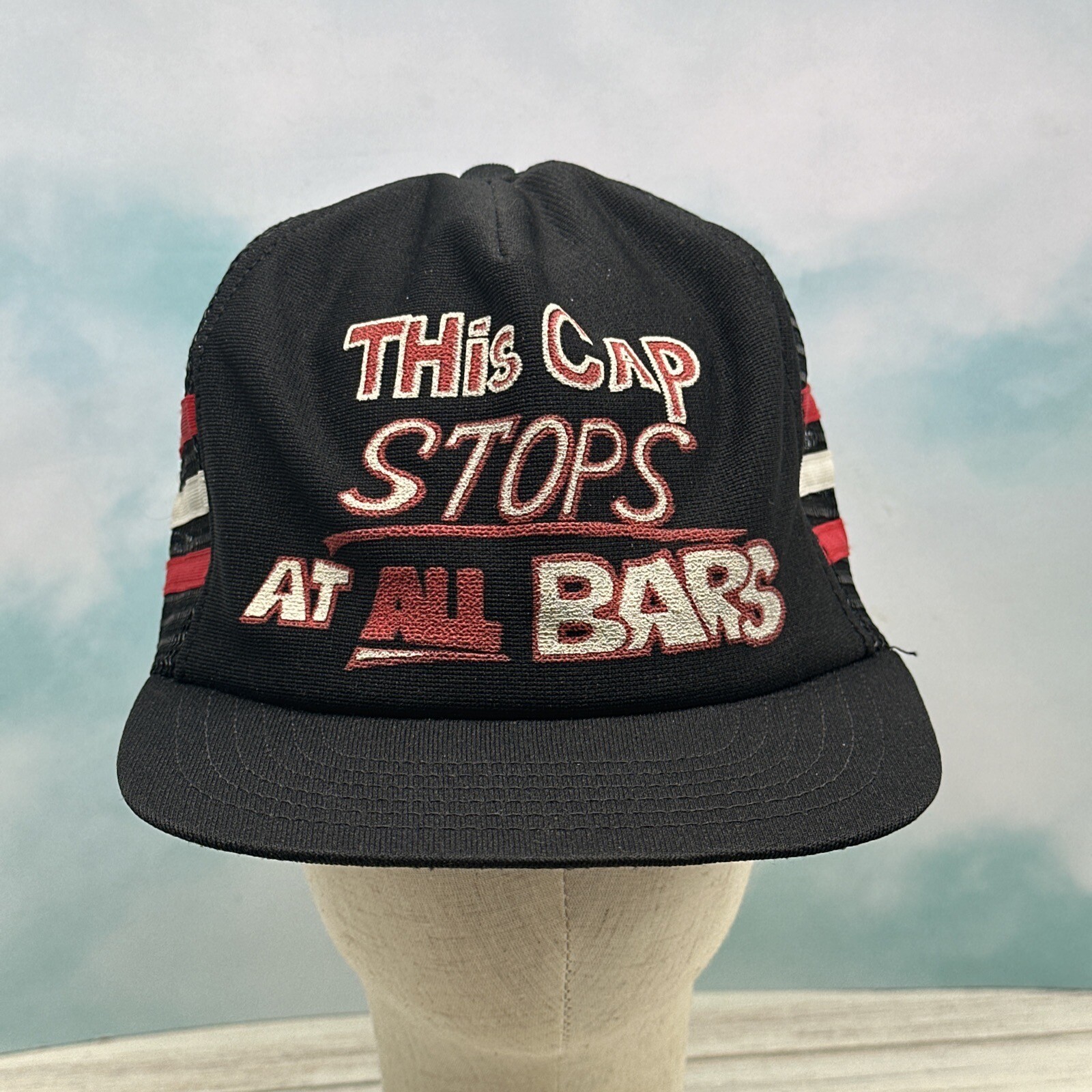 Vintage “This Cap Stops At All Bars” THREE STRIPE Snapback Adjustable Mesh Hat