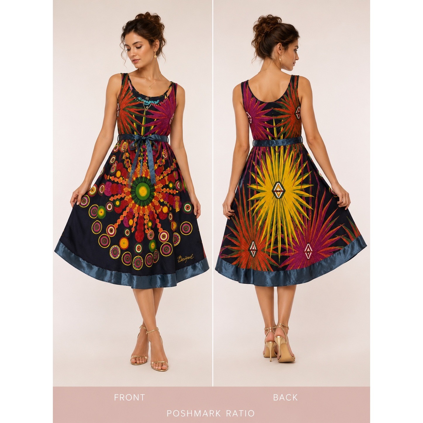Desigual Sleeveless Dress L Navy Mandala Sequin Starburst Maximalist Festival