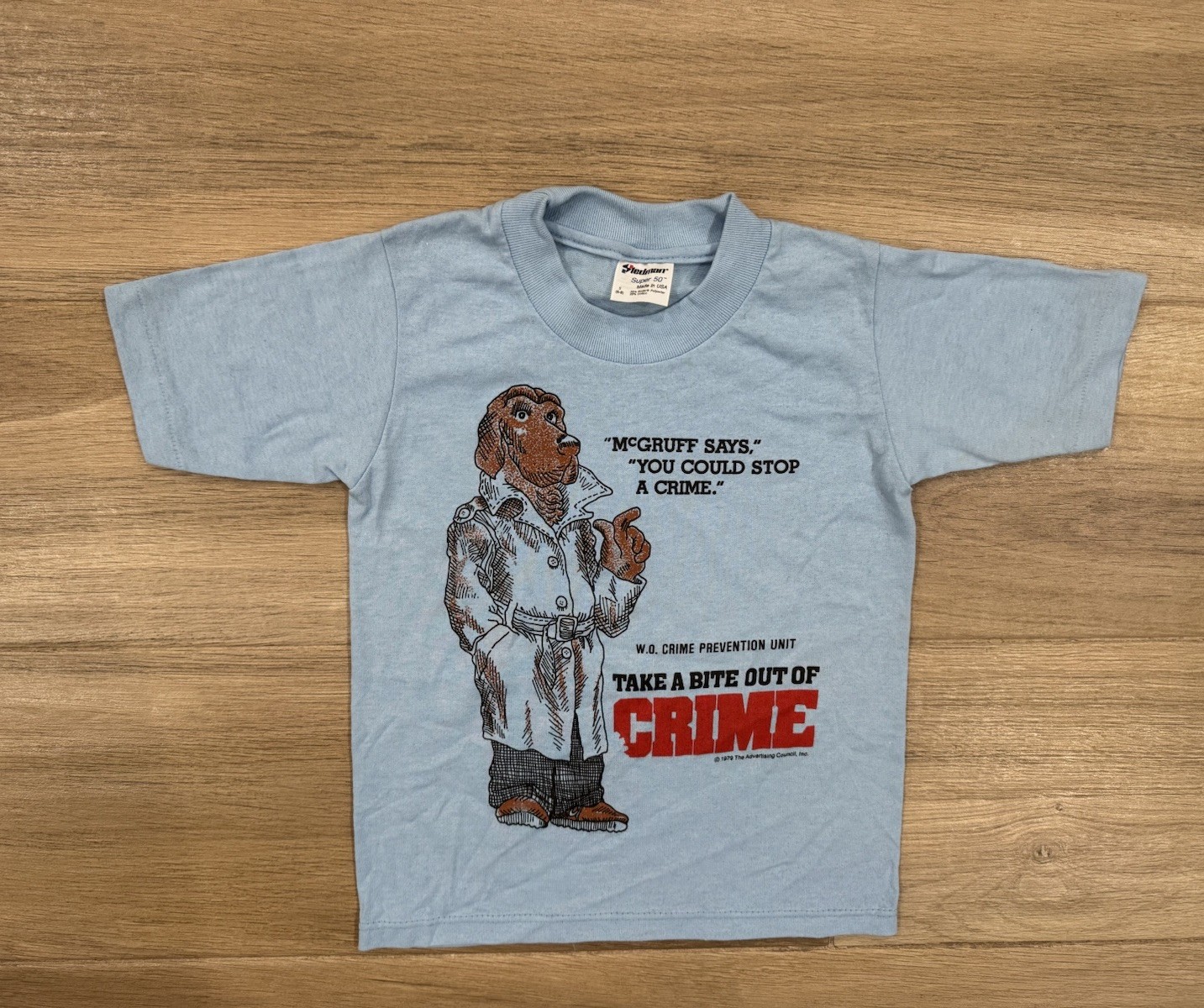 Vintage McGruff Crime Dog Kids T-Shirt SMALL 6-8 Youth Blue 70s 80s Stedman USA 