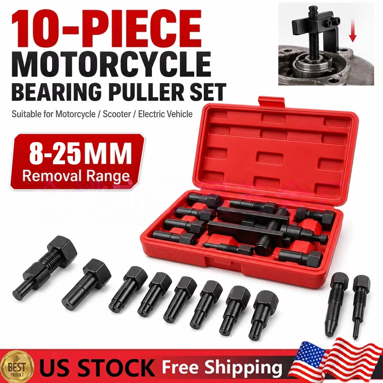 10 Piece Motorcycle Blind Inner Bearing Puller Tool Kit Removal Tool 8-25MM