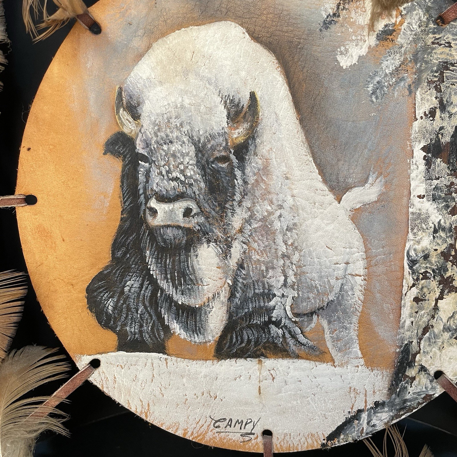 Oil Painting on Leather Cameron Blagg White Buffalo Shield 7.5” CAMPY Gift Oil Painting on Leather Cameron Blagg White Buffalo Shield 7.5” CAMPY Gift
