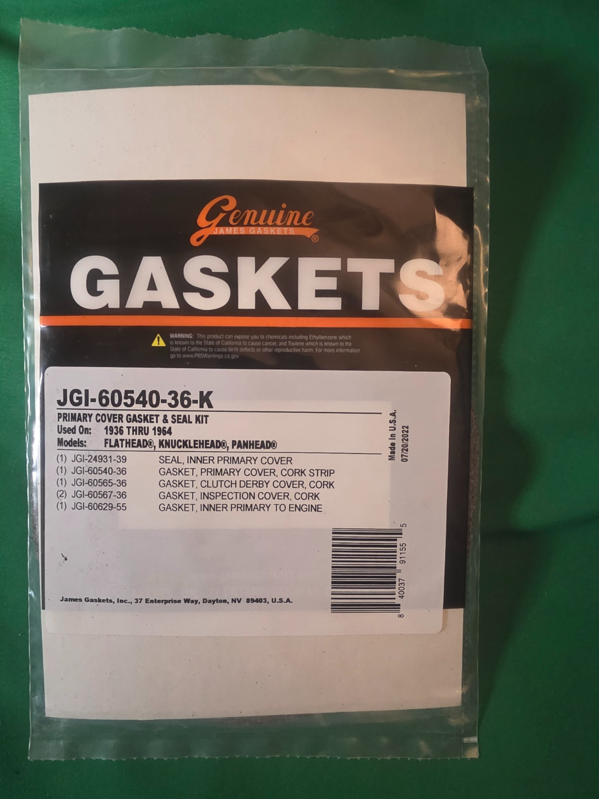 1936–1964 Harley EL FL FLH Primary Gasket Kit - James JGI-60540-36-K