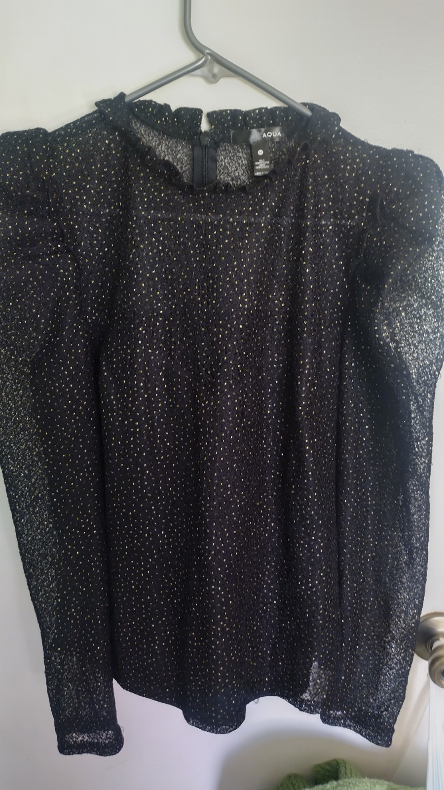 AQUA Black Gold Metallic Polka Dot Sheer Ruffle High Neck Blouse M AQUA Black Gold Metallic Polka Dot Sheer Ruffle High Neck Blouse M