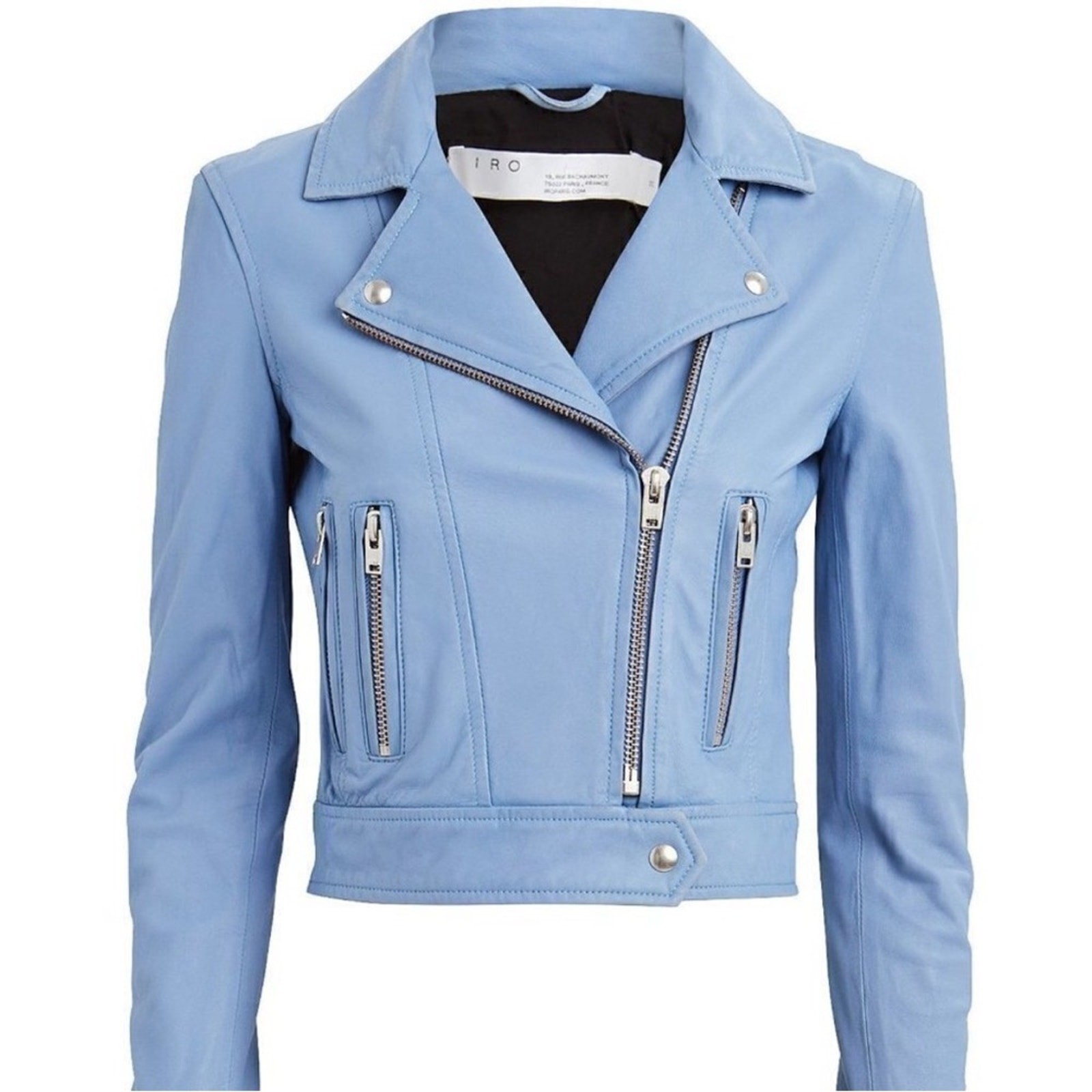 IRO Women\'s Hartley Leather Moto Jacket Size 10 In Blue IRO Women\'s Hartley Leather Moto Jacket Size 10 In Blue