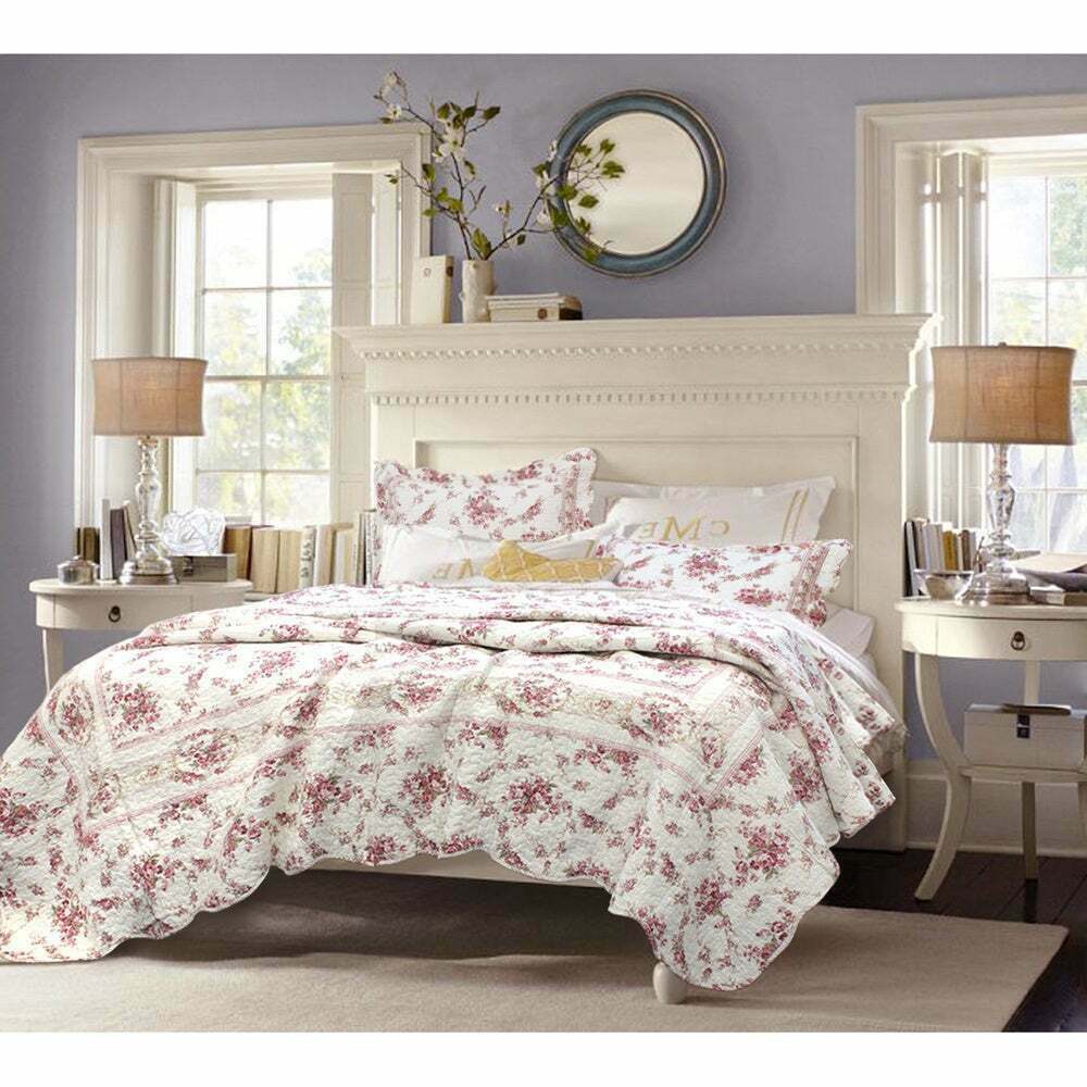 NEW ~ SHABBY CHIC COTTAGE PINK GREEN LEAF PURPLE RED IVORY WHITE ROSE QUILT SET