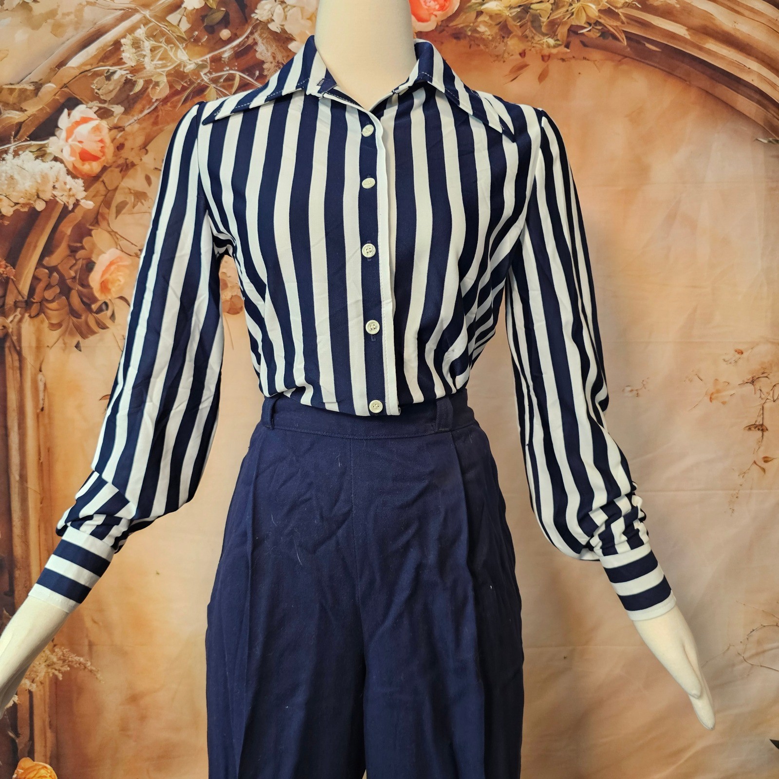 Vintage 70s Act III Navy White Striped Blouse Top Shirt Long Sleeve Disco Collar