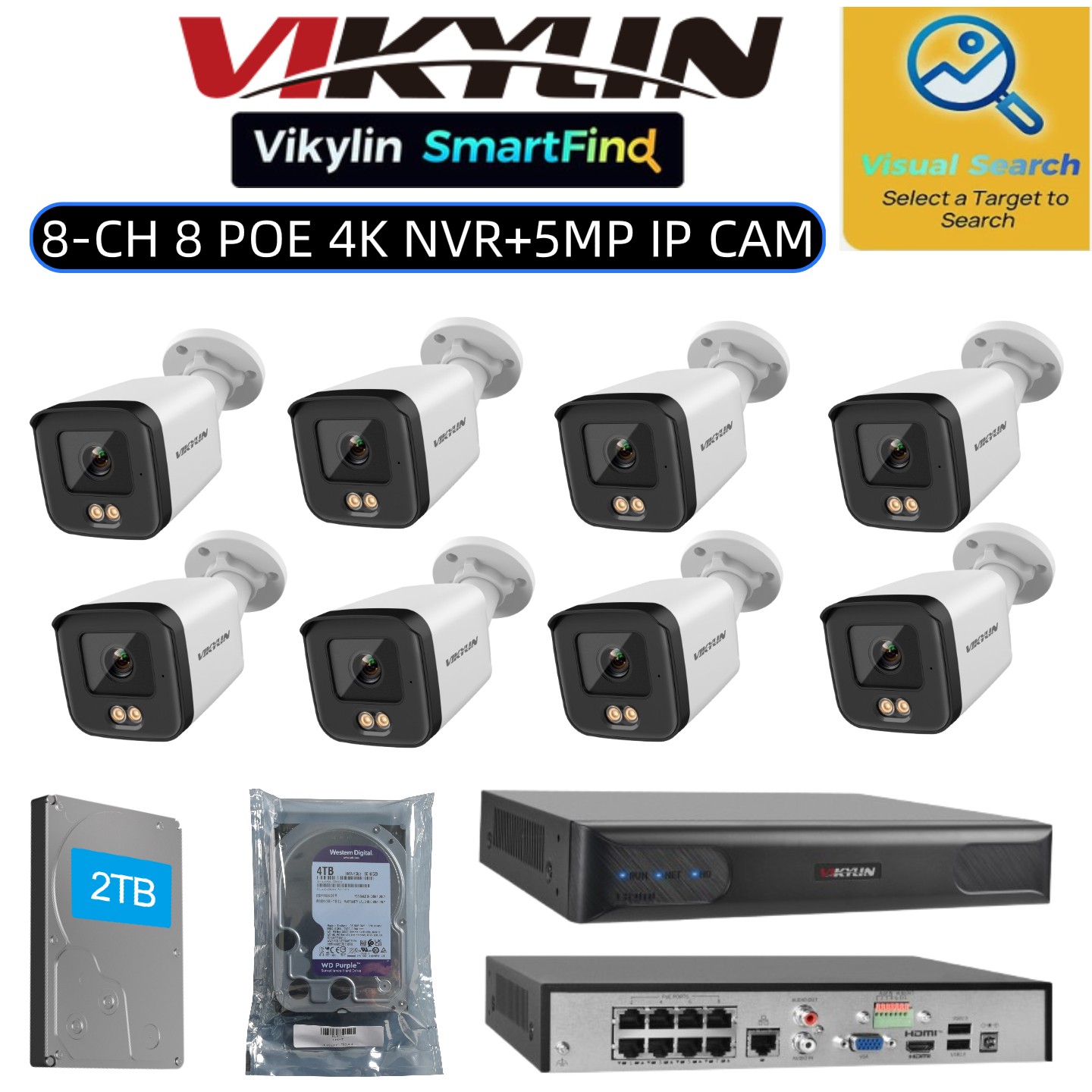 Vikylin SmartFind 8POE 8CH NVR Set 5MP PoE IP Camera Full Color Home Kit Lot