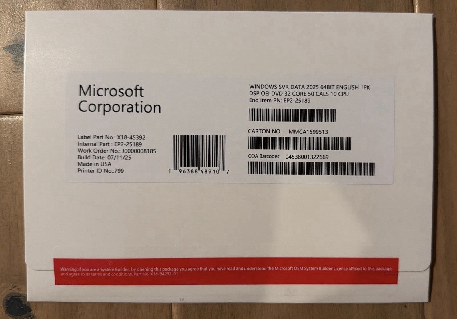 Windows Server 2025 Datacenter 64Bit 32 Core + 50 CALs Sealed New