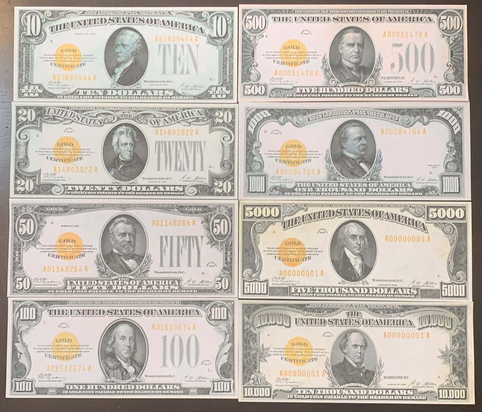Reproduction Set 1928 Gold Certificates $10-$10,000 Notes USA Read Description