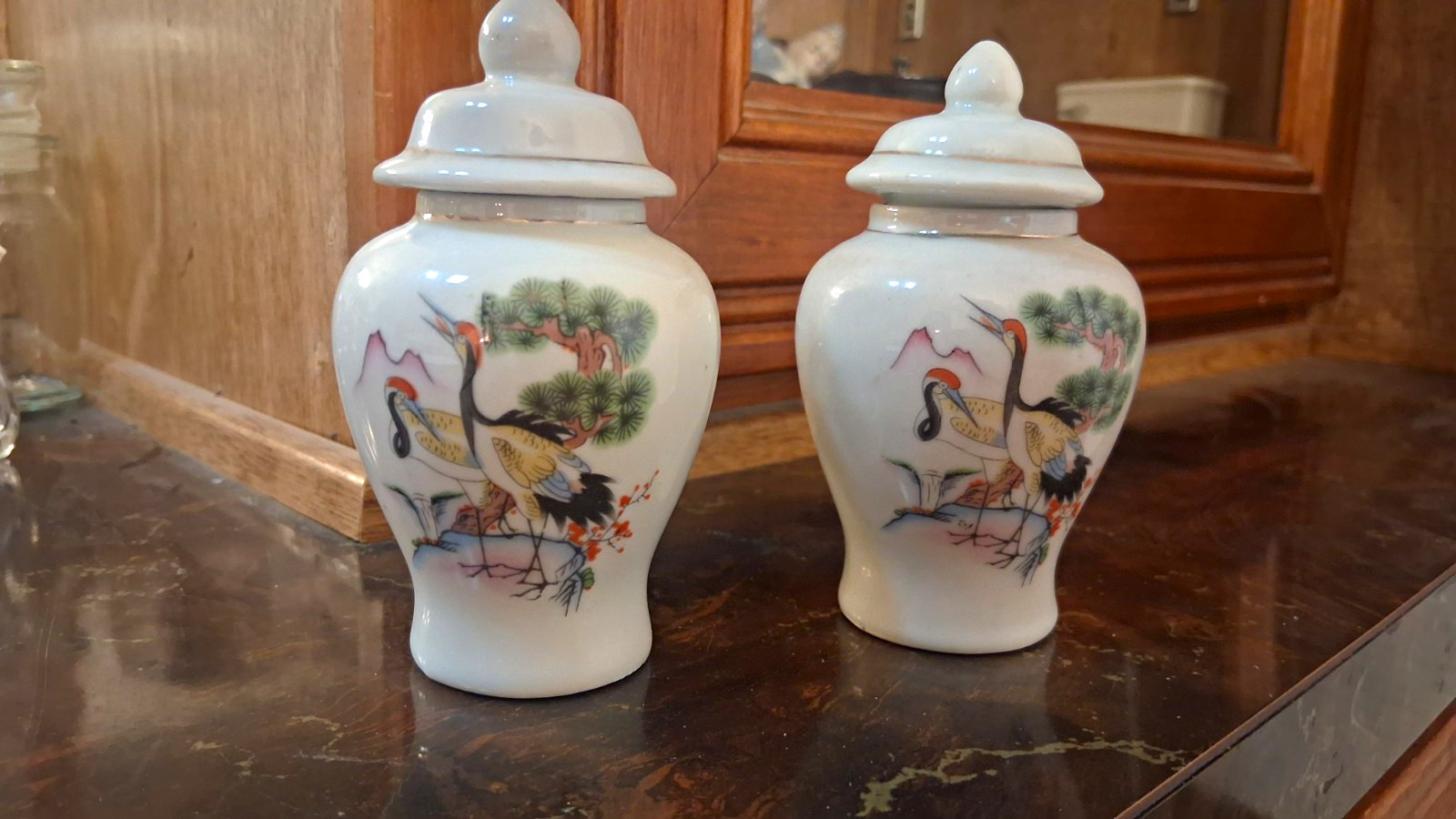 Pair Tiny Vintage Chinese Porcelain Lidded Ginger Jars 