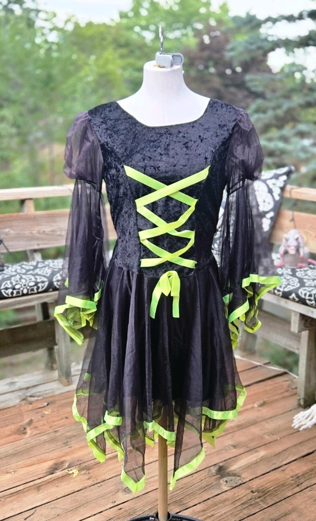 Vintage Black Lime Green Crushed Velvet Tulle Witch Dress Halloween Costume