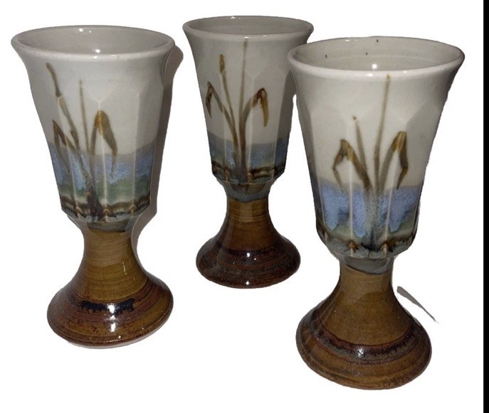 Nice Vtg Studio Stoneware Pottery 3 Challis Goblets CatTails ￼signed Hope
