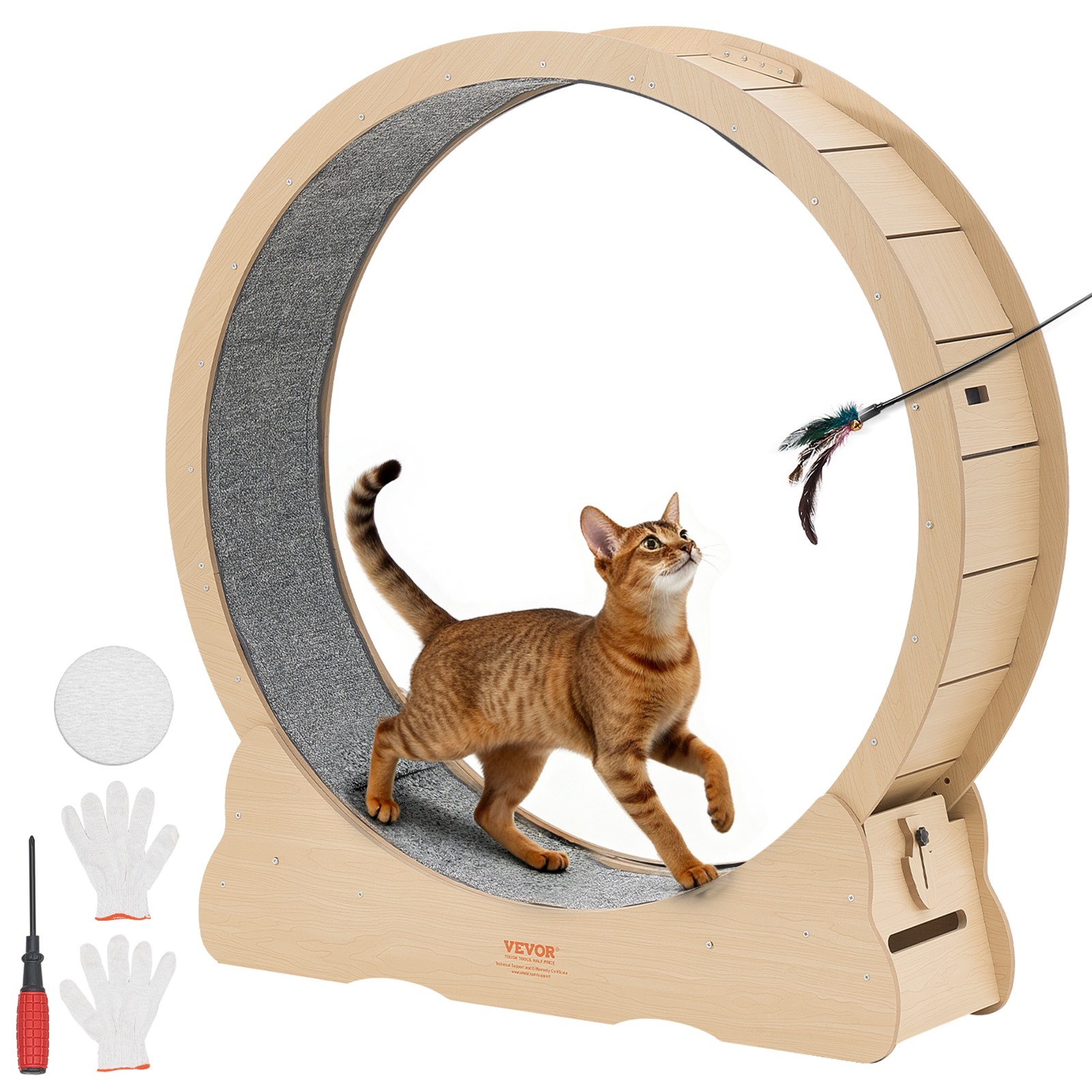 VEVOR 48 in Wooden Cat Exercise Wheel for Indoor Cats Carpeted Runway Quiet