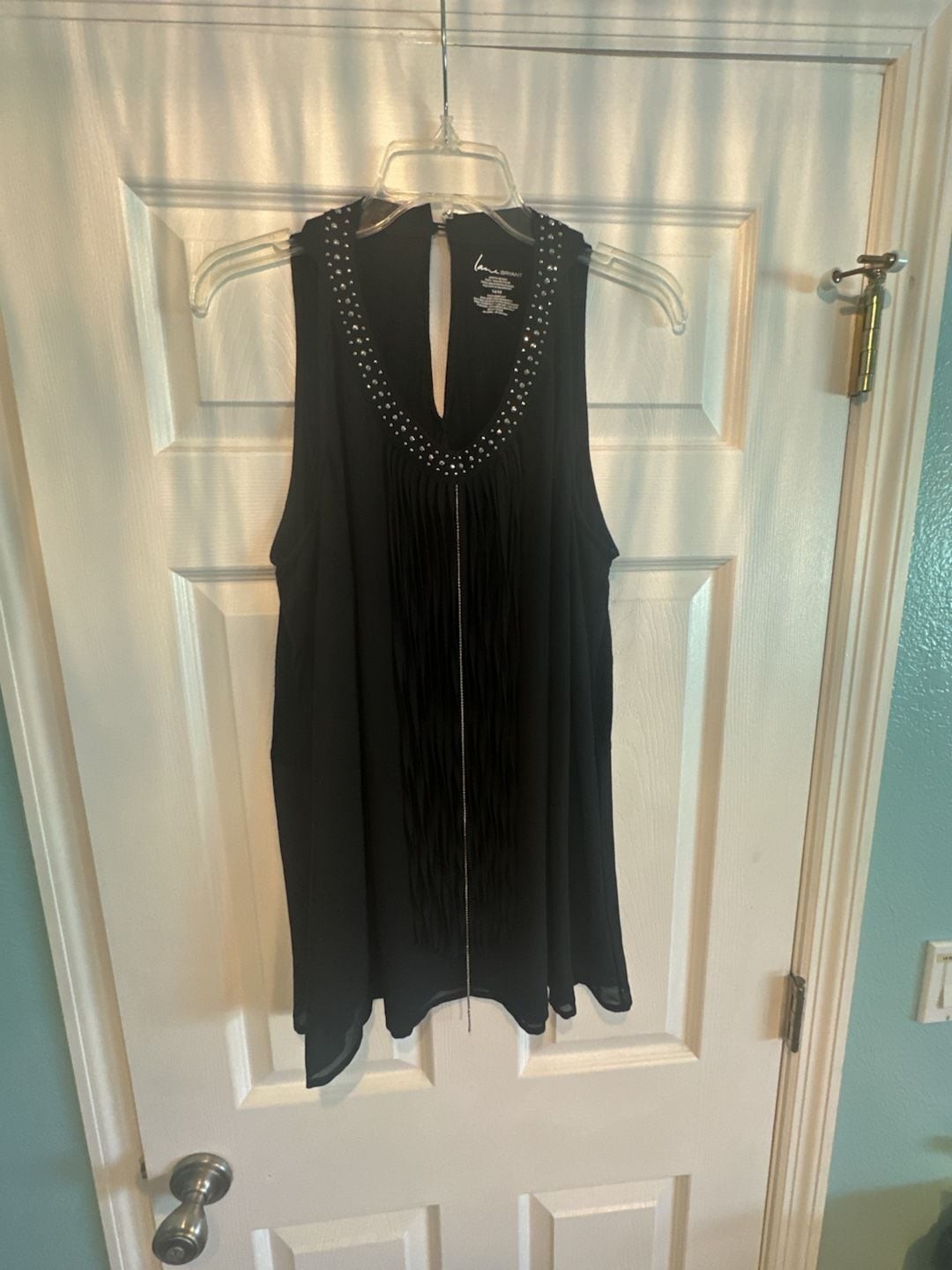 Lane Bryant Black Fringe Sleeveless Dress Size 14/16 Rhinestone Trim V-Neck Tank