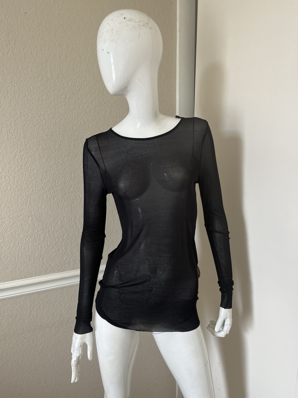 COS NEW Black 100% Sheer Silk Thin Knit Long Sleeve Crew Neck T-Shirt Top Sz M